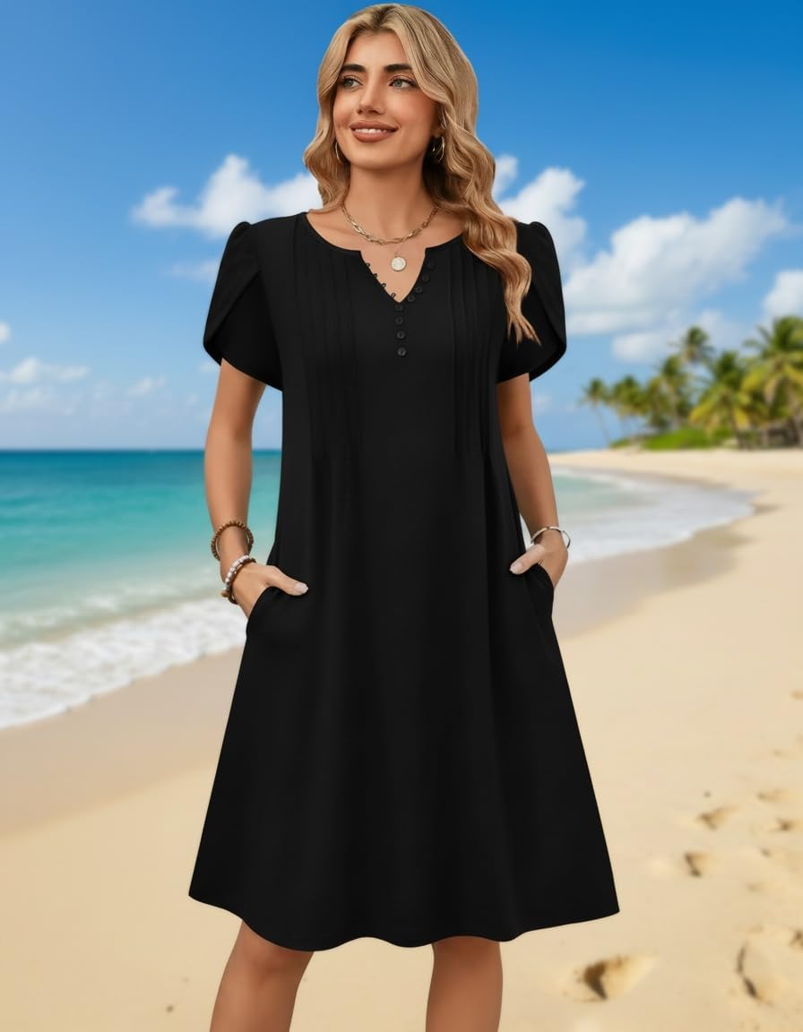 Zeagoo Women's Casual Dresses with Pockets Summer Floral V-Neck A-Line Tshirt Dress Short Sleeve Mini Dress Beach Sundress - Image 3