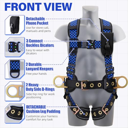 TRSMIMA Safety Harness Fall Protection - Datachable Pad Roofing Fall Arrest Safety Harness Construction Phone Pocket Reflective Strap Friendly Night Work ANSI - Thumbnail 2