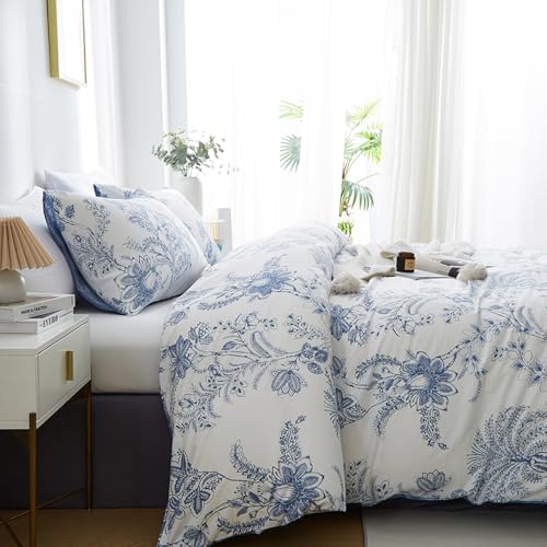 Blue Floral Duvet Cover Set Full Size 3 Pcs White Blue Duvet Cover with Flower Leaf Pattern Soft Breathable Microfiber Aesthetic Bedding Set Zipper Ties for Men Women Coastal Style by MWL Toy - Used condition - CA$18.80