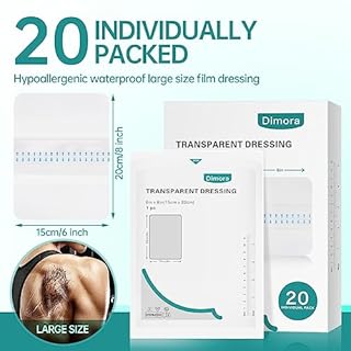 Dimora Transparent Film Dressing 6x8 inch 20 Packs with Hypoallergenic Adhesive, Large Waterproof Wound Bandages Post Surgical for Swimming, Tattoo Aftercare Bandage, IV Shield