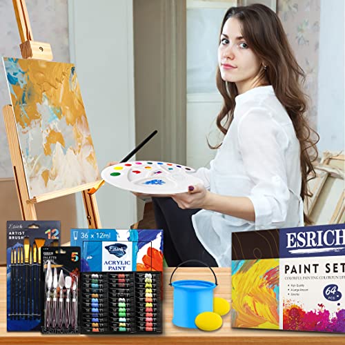 ESRICH-Acrylic-Paint-Set64PCS-Painting-Supplies-with-Wooden-EaselPaint-Brushes36Colors-Acrylic-Paint-CanvasesPalettePaint-Knives-EtcPainting-Kit-for-AdultsStudentsHobbyistsBeginners