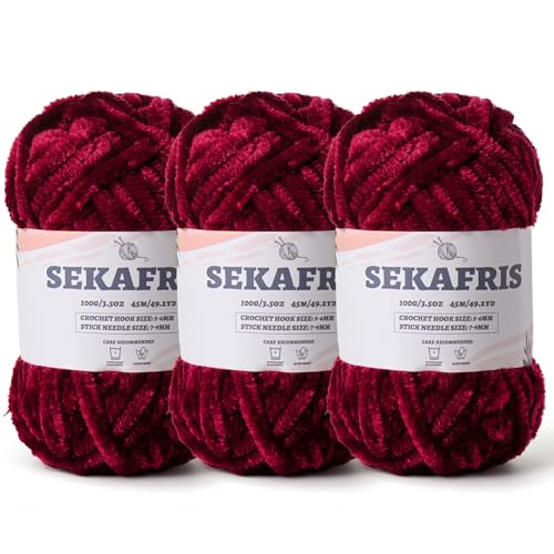Image of Fuzzy Chunky Chenille Yarn for Crocheting,Soft Plush Yarns for Hand Knitting,Bulky 3x100g(3x49.2 yd) Baby Blanket Yarn for Crocheting Amigurumi,Crochet Fluffy Velvet Yarns (3 Burgundy)