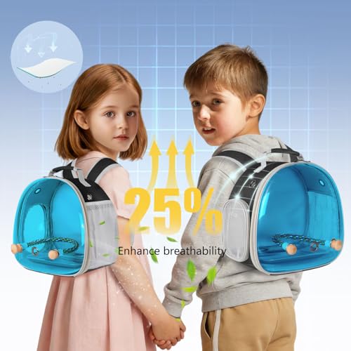 Image of Polarized Tinted Blue Bubble Small Bird Carrier Travel Cage, Portable Bird Carry Backpack with Stainless Steel Tray and Standing Perch for Parakeet Cockatiel Budgies