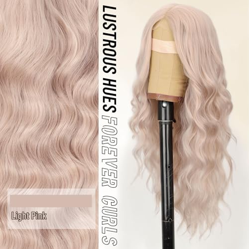 Image of AISI HAIR Light Pink Wig for Women, Long Wavy Lace Hairline Middle Part Synthetic Heat Resistant Wig for Daily Party-26 Inch