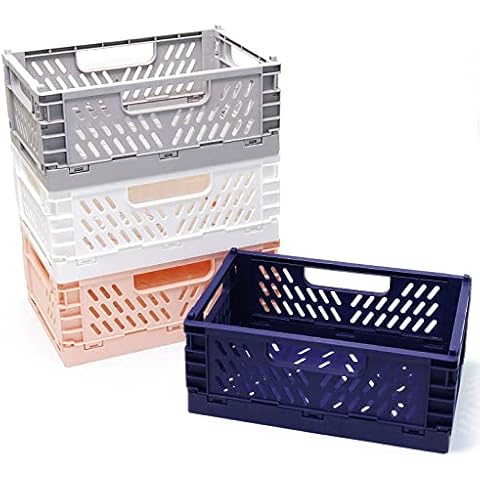 4 PCS Plastic Storage Baskets with Handle, Mini Shelf Folding Storage Crates for Organizing, Drawer Organizers, Collapsible Desktop Organizer for Kitchen, Office, Bathroom, Vanity Cover