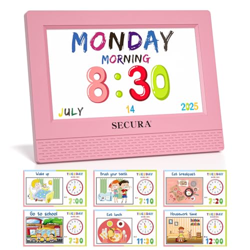 Secura TimeTact Reminder for Kids, 7' LED Talking Alarm Clock with Countdown Visual Timer, 17 Daily Reminders & 5 Custom Alarms Habit Reminder and Scheduler (Pink)