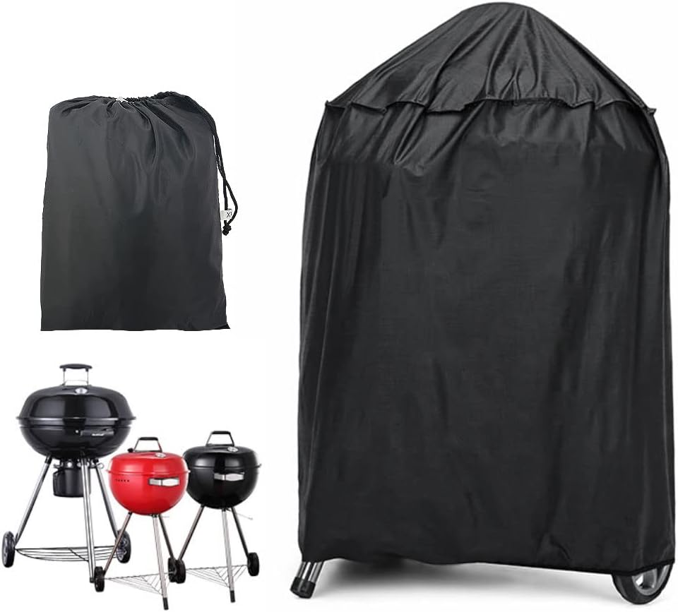 Kettle BBQ Cover Round Barbecue Cover Waterproof Heavy Duty BBQ Cover Windproof Grill Cover Outdoor BBQ Grill Cover with Drawstring and Storage Bag for Weber, Brinkmann,Char Broil (58x77cm)