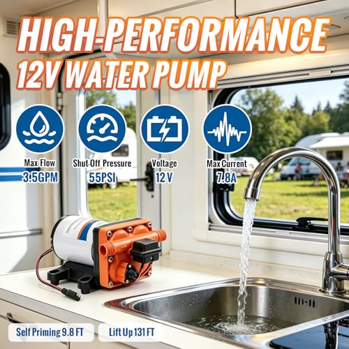 Image of YOUNGTREE 12V RV Water Pump Quiet 3.5GPM 55PSI 12V DC Fresh Water Pressure Pump On Demand Replace#4008-101-A65 /E65 with Pressure Switch for RV Camper Rain Barrel Boat Shower Garden Food Truck