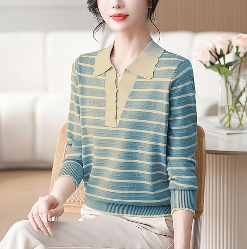 Womens Polo V Neck Striped Sweaters Long Sleeve Layered Look Knitwear Pullover Tops3