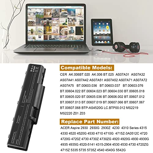 Image of AS07A31 Battery for Acer Aspire 5732Z 4730Z 4732 5735Z 5734Z 4720Z 5740 5738 5735 5542 5532 5536 5517 5516 5332 5334 5738 4520, fits P /N AS07A32 AS07A41 AS07A42 AS07A51 AS07A52 AS07A71 AS07A72 AS07A75