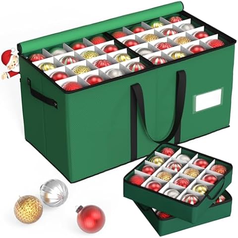 Kesfitt Christmas Ornament Storage Box with 8 Trays,Christmas Storage Container with Dividers Fits 128 Holiday Ornaments Decorations,Double Zipper,Large Xmas Organizer with Pockets Cover