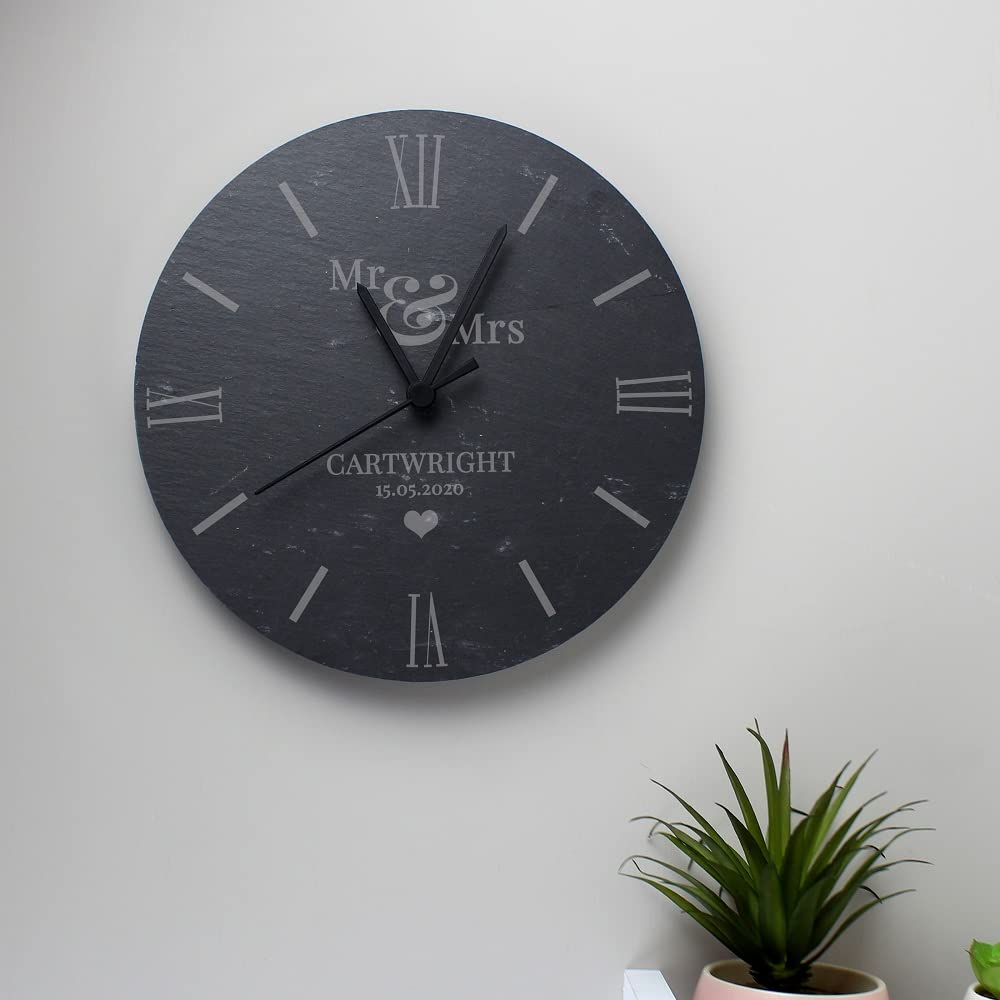 Personalised Memento Slate Grey Custom Personalised Mr & Mrs 24Cm Round Slate Wall Clock For Weddings, Anniversaries, Christmas, Valentines