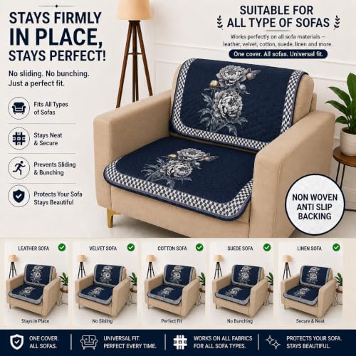 Image of Homerz 'Brooklyn Series' Premium Sofa Cover | Quilted Floral Design | Non-Slip Washable Sofa Protector | Soft Anti Slip Fabric (Ny Grey, 1 Seater, Seat Cover with Backrest)