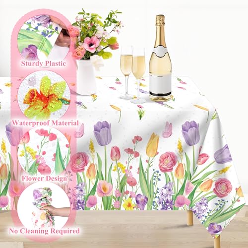 Image of Kochorie 100 Ft x 54 Inch Spring Flower Tulip Tablecloth Roll Plastic Floral Disposable Table Cover Butterfly Wildflower Themed Backdrop for Spring Floral Tea Party Birthday Wedding Decor