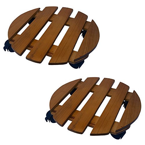 2 Pack of 14-in. Round Wood Roller Planter Caddy Fruitwood Slatted Wheel Plant