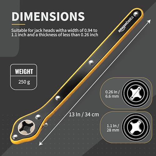 Image of Amazon Basics Labor Saving 13 Inch Car Jack Ratchet Wrench| 360 Forward & Reverse Knob| Conversion Head Included | Curve Handle Car Lift Tool For Scissors Jack | Heat-Treated Steel Ratchet Lug Wrench