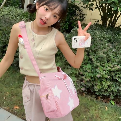 Image of Cute Tote Bag for Women, Aesthetic Canvas Crossbody Bag Y2k Star Hobo Shoulder Purse Kawaii Zipper Messenger Bag | Cute