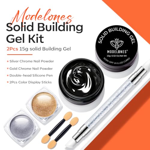 Image of modelones 3D Gel Nail Art Kit, Non-Sticky Clear and White Sculpting Gel for Nail Art Molding & Extensions with Chrome powder for Beginner DIY or Salon at Home Cured Needed