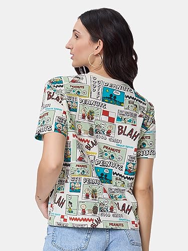 Image of The Souled Store Official Peanuts: Old School Women and Girls Relaxed fit Graphic Half Sleeve Cotton White Color Women Relaxed Fit T-Shirts