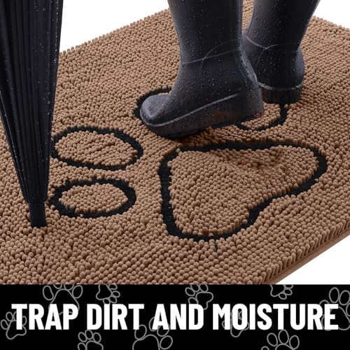 Image of Smiry Dog Door Mat for Muddy Paws, Absorbent Dirt Trapper Non Slip Quick Dry Washable Chenille Mat for Mud Dogs, Entry Rug for Indoor and Outdoor (71x46 Inches, Coffee and Black)