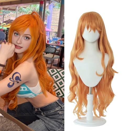 abouder Nami Cosplay Wig with Tattoos Curly Orange Heat Resistant Synthetic Hair Halloween Anime Costume Party Wig for Women