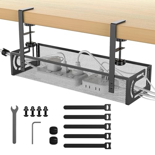 Mikankawa 配線隠し ケーブルトレー 机下 収納バスケット ケーブル・電源タップ収納 炭素鋼製 40ｘ13ｘ7cm 大容量 穴開き不要 簡単組立 パソコンデスク 説明書付き (黒色)