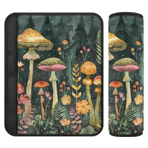 Image of Forest Mushroom Scene Green Seat Belt Cover Pad 2 Pcs Soft Cute Seatbelt Covers Protector Support Head Neck Shoulder Strap for Car Seats High Chair Backpack for Adults Kids Women Men 10x7.7In 2