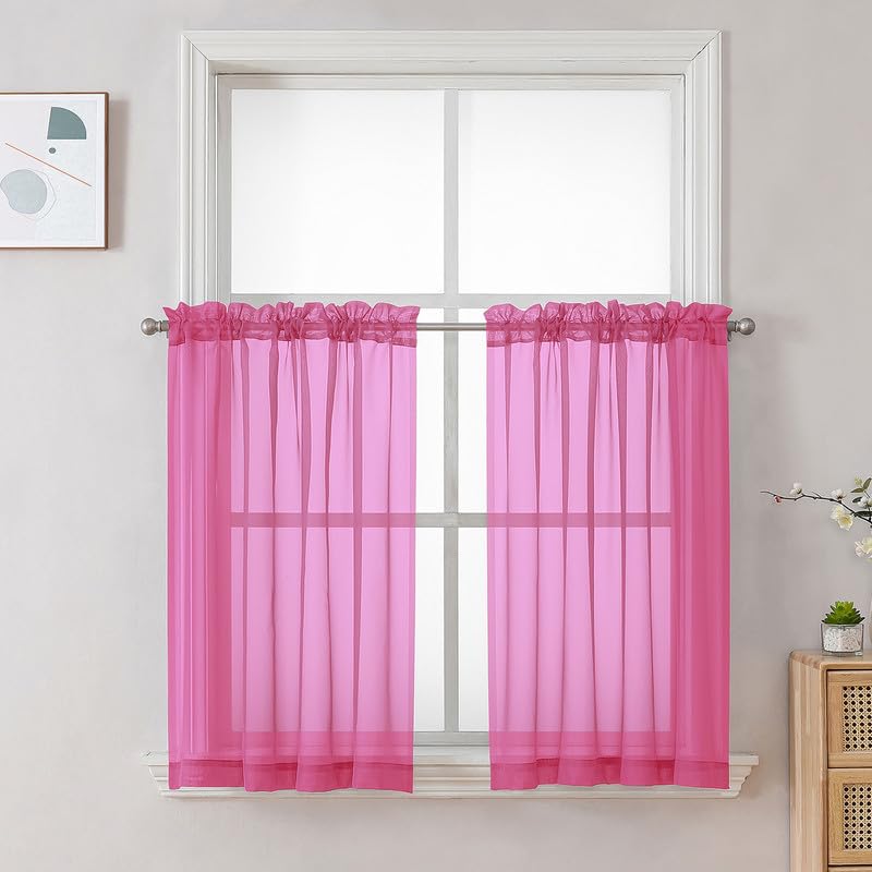 Image of OVZME Hot Pink Sheer Curtains 36 inch Length 2 Panels Set, Light Filtering Voile Rod Pocket Short Window Curtians for Bathroom Living Room Farmhouse Small Windows, Each 42Wx36L Inches
