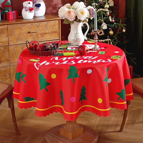 auons Christmas Round Tablecloth, 60 Inch, Red, Polyester, Waterproof, Classic, Winter, Holiday, Party, Dinner Table, Picnic