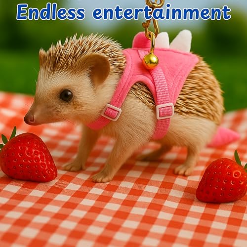 Image of Hedgehog Leash and Harness Clothes Accessories, Adjustable Leash and Harness with Safe Bell, Dinosaur Shaped Outfit, Hamster Clothes For Ferret Hamster, Hedgehog Accessories, Guinea Pig Outfits (Pink)