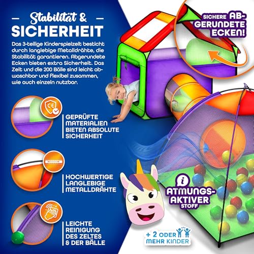 KIDUKU Kinderspielzelt Bällebad Pop Up Spielzelt Iglu Spielhaus + Krabbeltunnel + 200 Bälle + Tasche, für drinnen und draußen