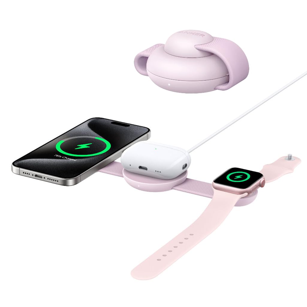 AnkerMagSafe Compatible 3-in-1 Wireless Charging Station, Qi2 Certified 15W MagGo Charger, Foldable Travel Wireless Charging Pad for iPhone 17/16/15/14/13/12 Series, AirPods, Apple Watch, and MoreClimatePartner certified