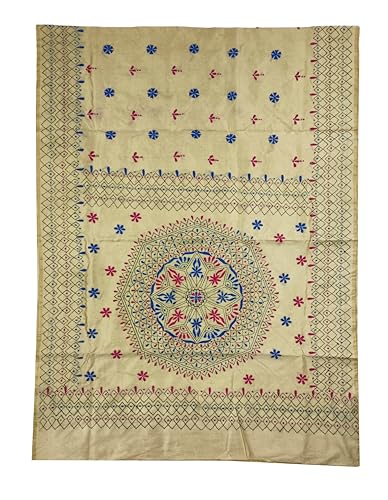 Image of SHRISTI CLOTHINGS Women's Hand Embroidered Cotton Silk Kantha Stitch Saree with Blouse Piece (SB420324 SWD58)