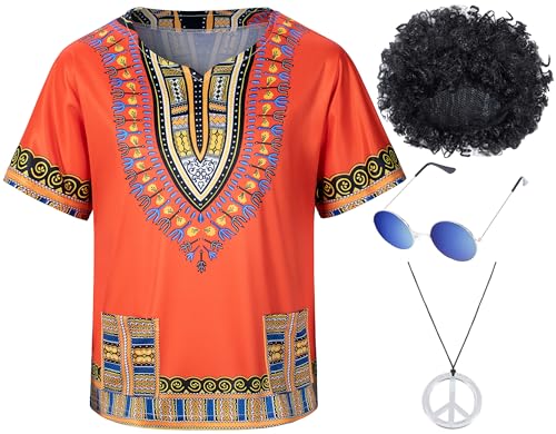 Kids Hippie Costume for Boys Girls 60s 70s 4 Pcs T-Shirt Afro Wig Set for Halloween Party Cosplay 11-12 Years Yellow
