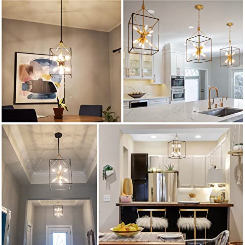 9-Light Chandelier, Adjustable Height Lantern Pendant Light With Black And Brass Finish, Metal Light Fixture For Dining & Living Room, Foyer, Bedroom, Kitchen Island And Entryway, 21.8"H X 12"W #TOP2