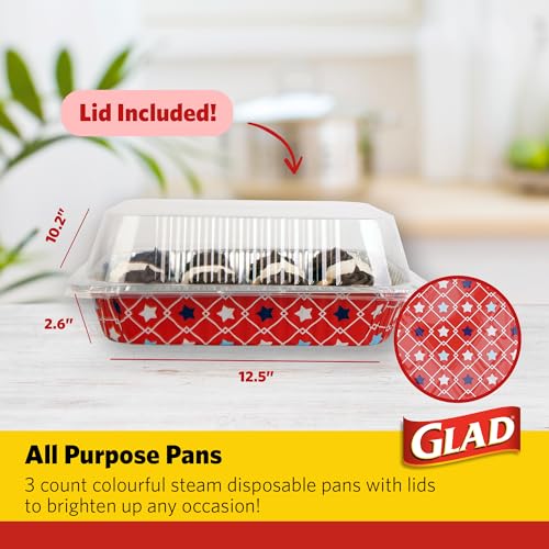 Image of Glad Disposable Aluminum Steam Pans with Clear Plastic Lids, Patriotic Red White Blue Stars, Heavy Duty Foil Pans, 12.5 x 10.2 Inches, Baking Roasting, 3 Count