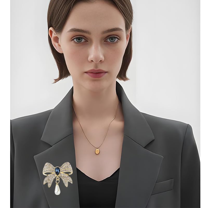 Image of Rhinestone Bow Collar Brooch For Women Dainty Crystal bow Brooch Pin Vintage Blue Sparkling lapel pin Unique Ribbon Bow brooch Badge Clothing Accessory Jewelry Gift