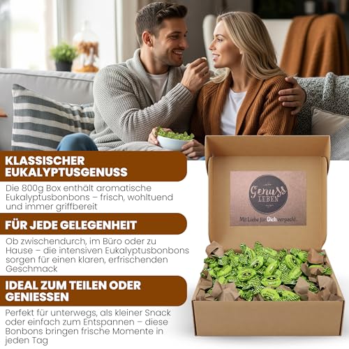 Genussleben Box mit Eukalyptus 800g, Hustenbonbons, Süßigkeiten in Großpackung, Bonbons mit Eukalyptus