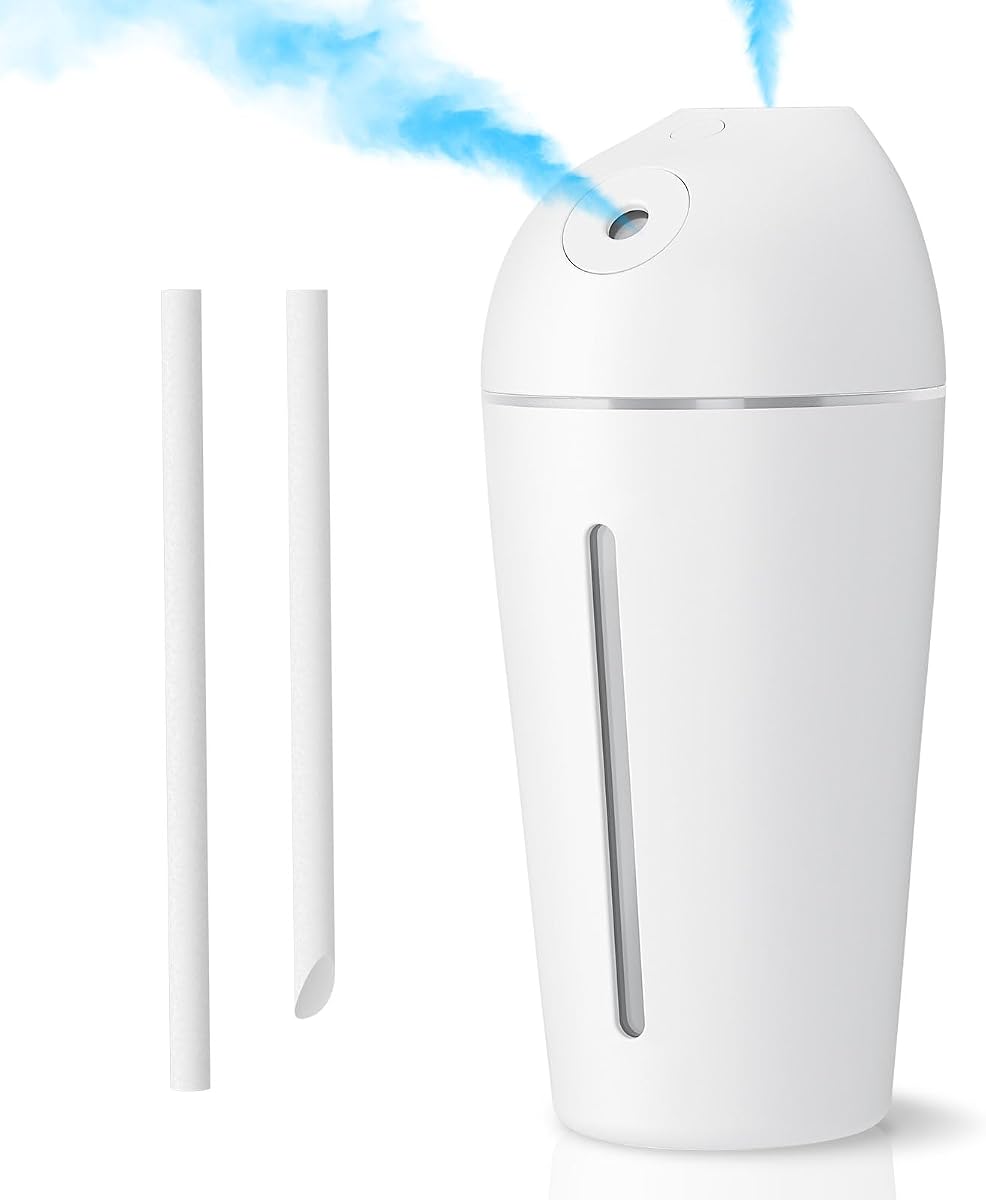 Humidificador portátil (boquillas dobles): pequeño atomizador de aire para dormitorio, plantas, oficina, viajes, automóvil, humidificadores de niebla fría, 4 configuraciones de niebla, luz nocturna cálida, apagado automático