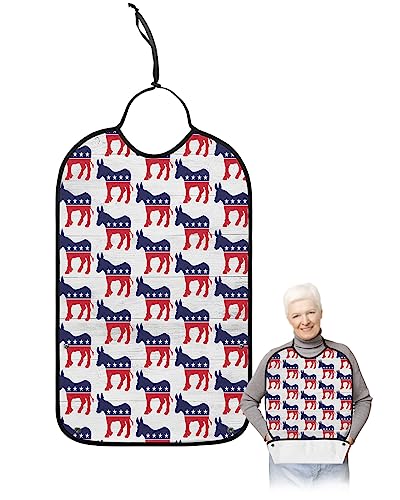 Kewadony Adult Bibs for Elderly Women - American Flag Star Donkey Waterproof Dining Clothing Protectors with Crumb Catcher for Eating/Feeding, Red Blue Funny Animal Terry Cloth Bib Machine Washable