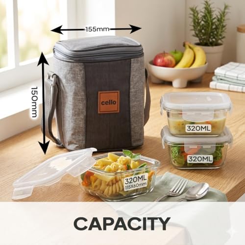 Image of CELLO Glassy Square Lunch Box Set of 3 Pcs (320ml x 3) with Jacket For Office, Transparent | Microwave Safe Leadfree Toughened Glass, Airtight Leakproof Adjustable Carry Strap Tiffin Box For Daily Use