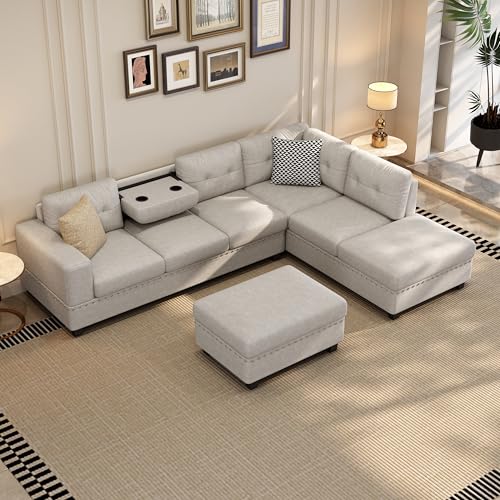 Merax Modern Sectional Sofa with Storage Ottoman, L Shaped Couch with 2 Pillows and 2 Cup Holders, Linen Sectional Sofa with Reversible Chaise for Living Room, Home Office (Light Gray)