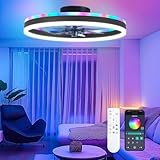 ORITHAM RGB Ceiling Fans with Lights, 20' Fandelier Low Profile Ceiling Fan with Light, Modern Flush Mount Ceiling Fan Light with Remote/APP Control, Bedroom Chandelier Fan Fixture for Indoor(Black)