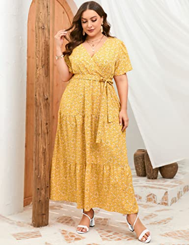 Image of ShopWonder Womens Plus Size V Neck Wrap Maxi Dress High Waist Ruffle Summer Casual Dress with Belt