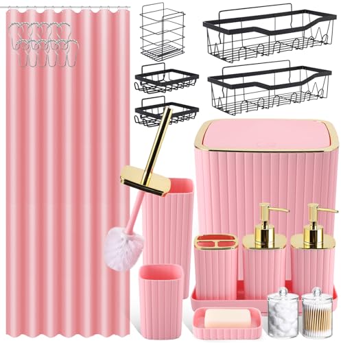 XLHOMO 28PC Bathroom Set - Gorgeous Pink Bathroom Set, Bathroom Accessory Set, Shower Curtain Set with 5PC Shower Storages