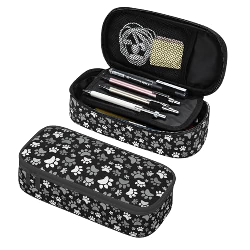 Image of Perinsto Black And White Dog Animal Paws Pencil Case Big Capacity Multi Compartment Stationery Box Pencil Pouch Holder Desk Organizer For School Office Home