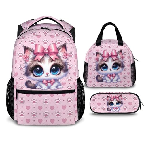 Girls Backpacks, Cat Backpack for Girls, Cat Gift for Kids, Set of 3 17 Inch Casual Elementary Kindergarten Bookbag Matching Combo for Travel School Outdoor
