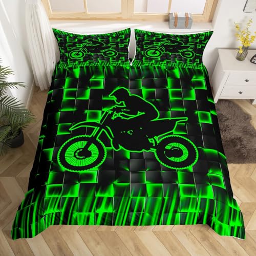 Juego de funda de edredón geométrica cuadrada a cuadros, tamaño individual, juego de ropa de cama de motociclistas, deportes extremos, decoración de habitación de niños, niñas y hombres, funda de