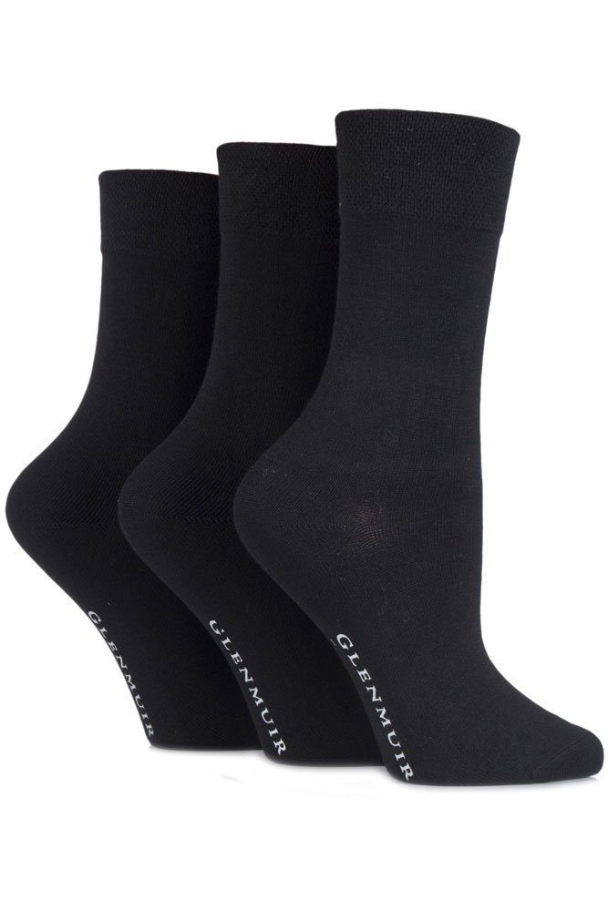 Glenmuir Ladies 3 Pair Comfort Cuff Plain Bamboo Socks 4-8 Ladies Black