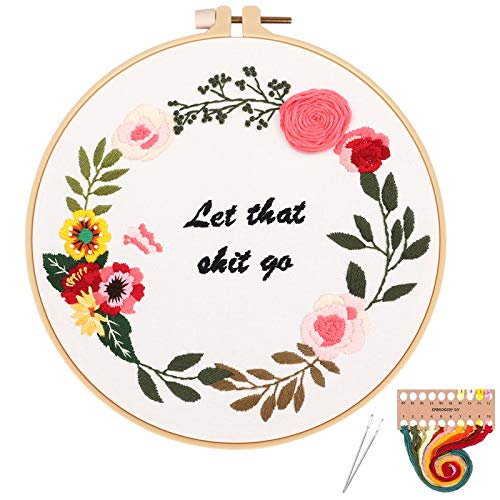 ORANDESIGNE Funny Embroidery Kit for Beginners, Stamped Cross Stitch Kits for Beginners Adults Patterned Needlepoint Embroidery Hoops Cloth Color Thread Floss Flowers Plants Cactus